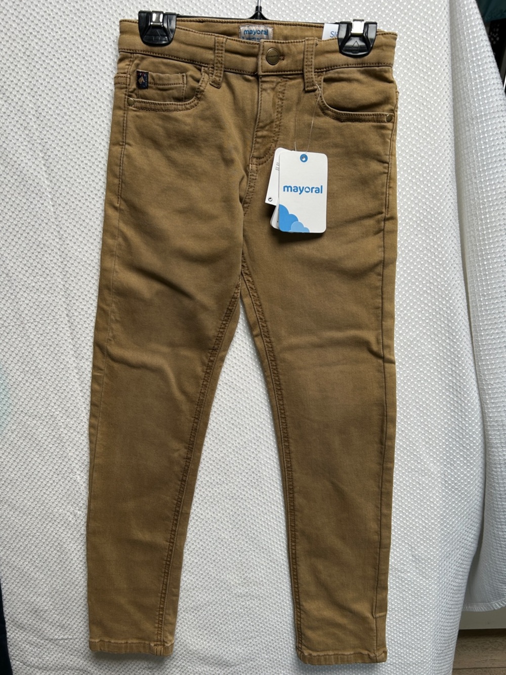 Mayoral soft stretchy Skinny Jeans in Tan Brown. Adjustable waist. Size 7 NWT.